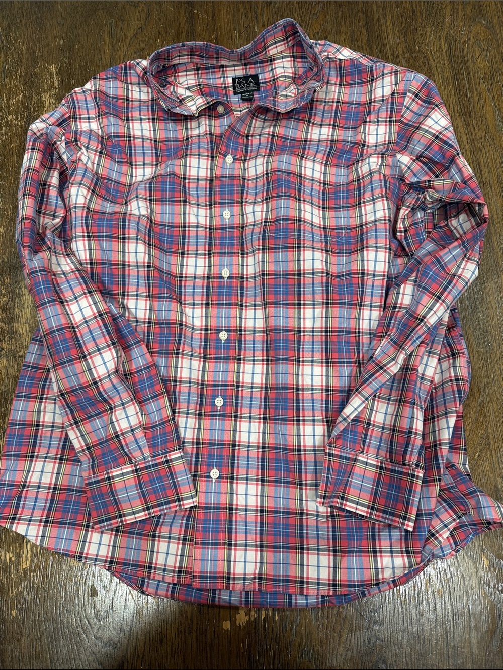 Jos. A. Bank Redish pink , Blue & White Plaid Button-Down Shirt